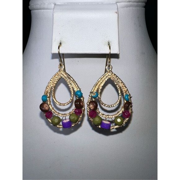 Boho Gold Tone and Beaded Teardrop Dangle Earrings - Picture 7 of 8